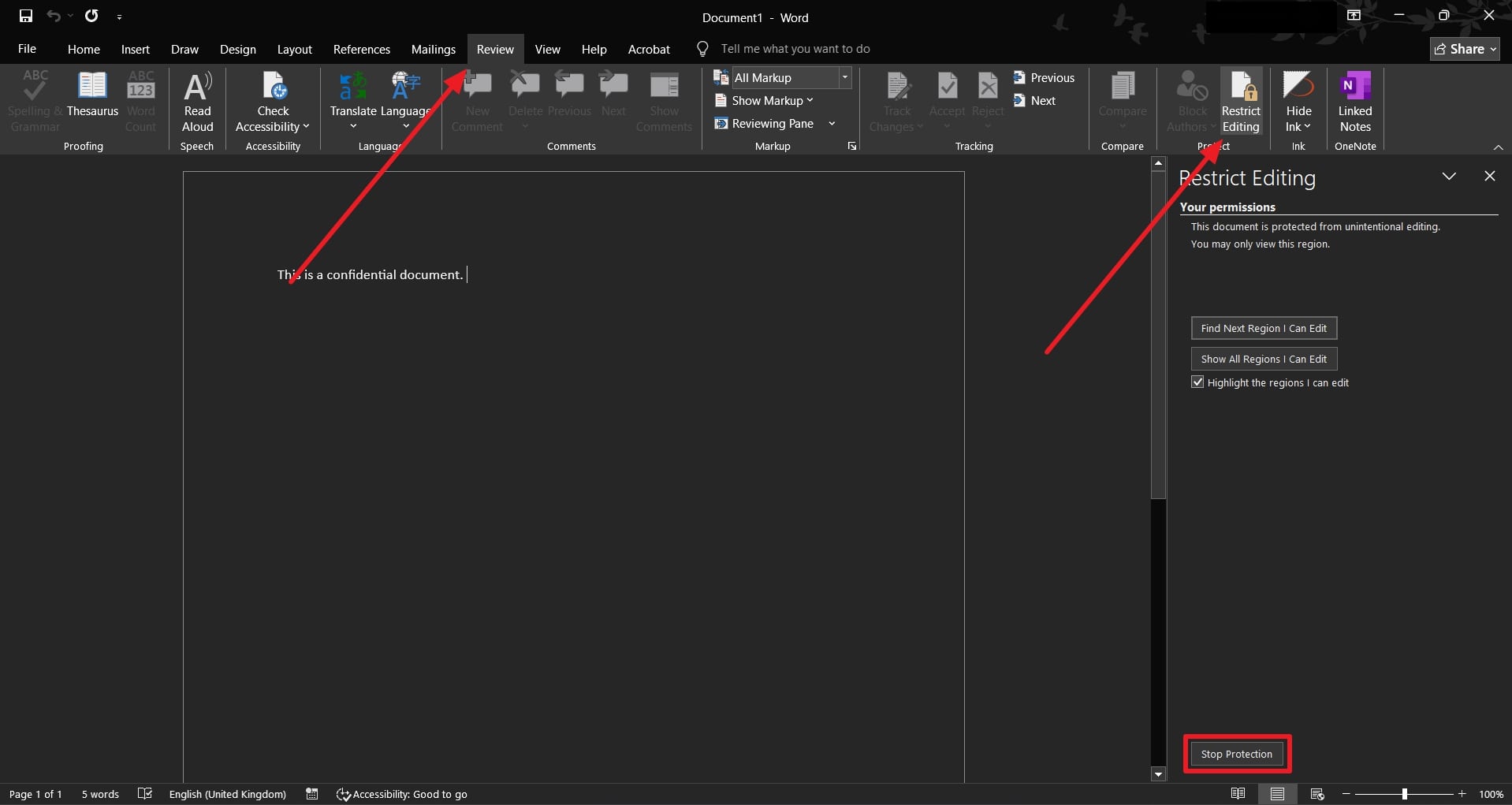 stop editing protection in word