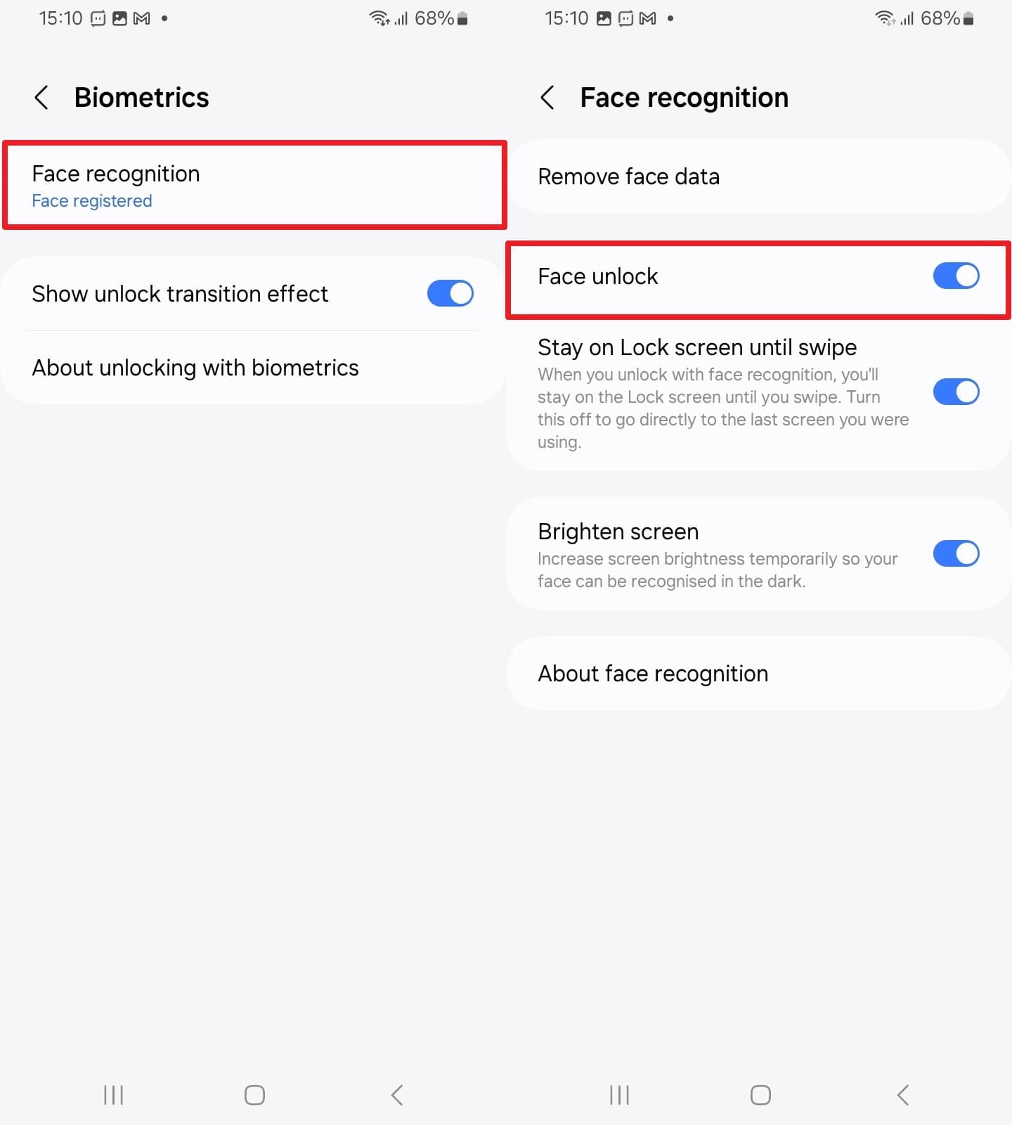 disable face unlock to re - enable