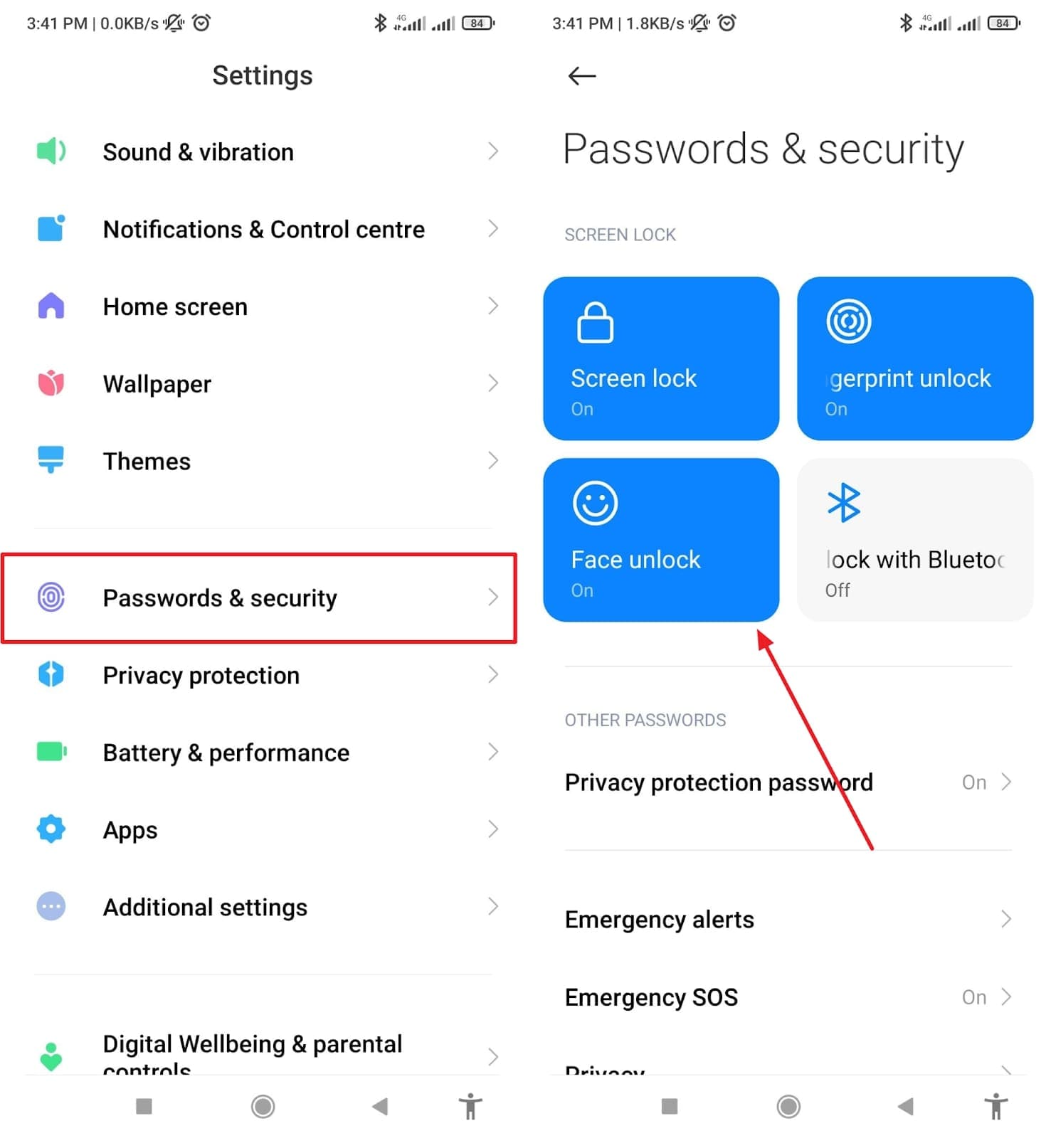 access face unlock security settings