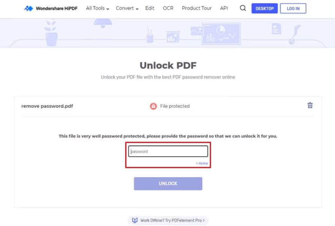 enter password and click unlock