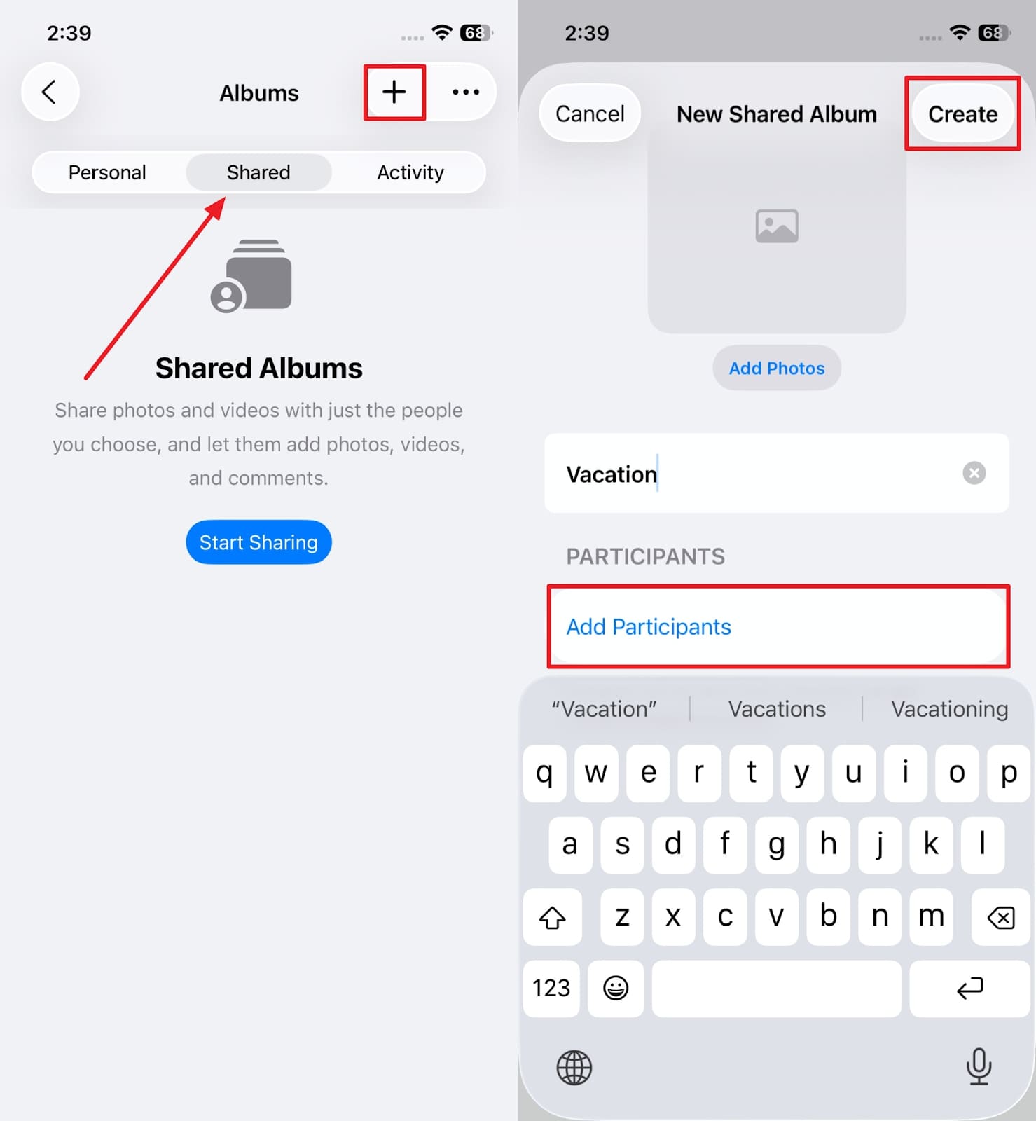 create shared album in iphone