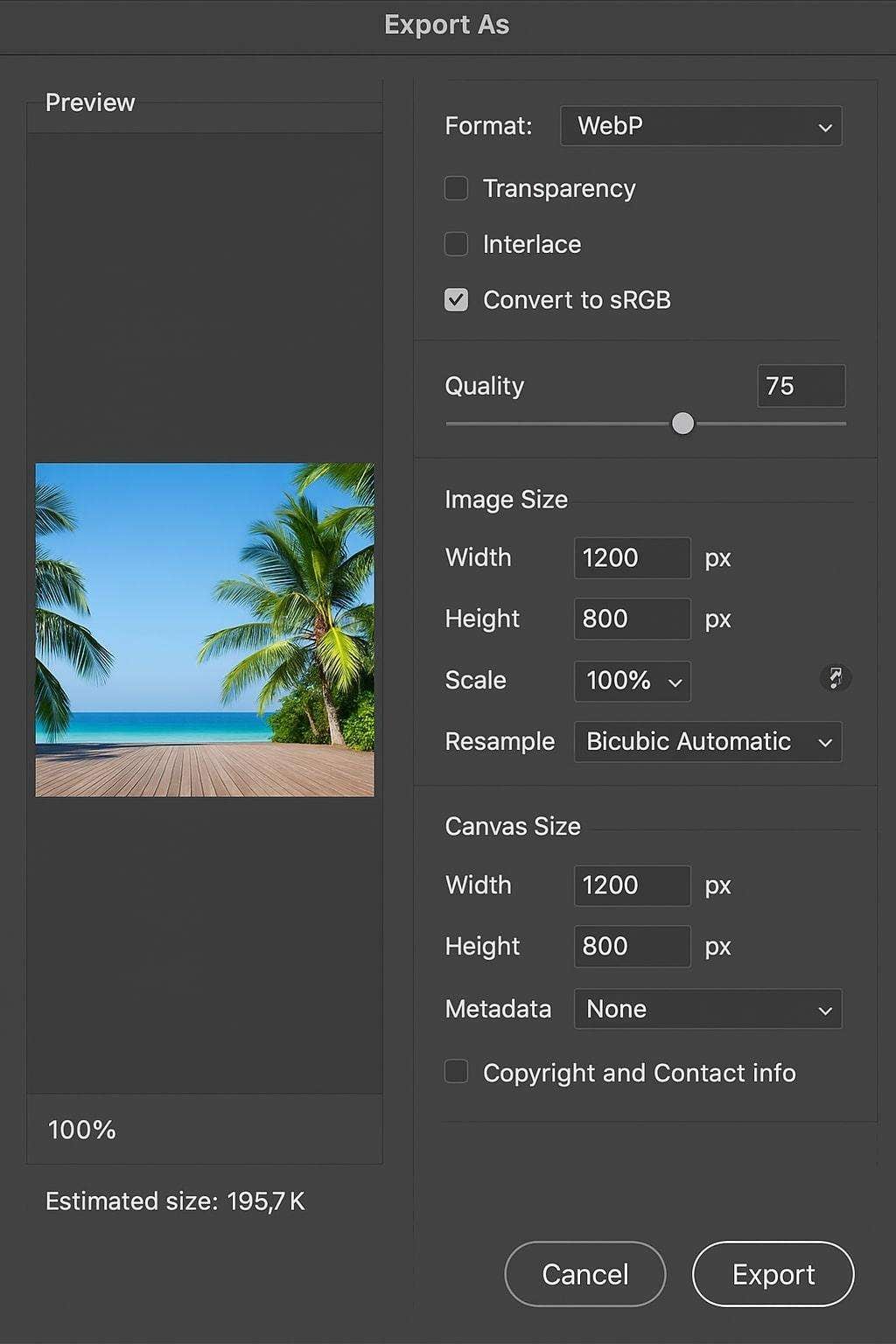 adjust the quality slider and preview