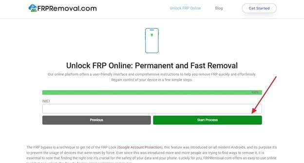 enter imei and click start process