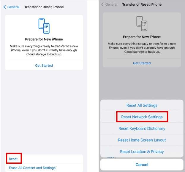 click on the reset network settings option