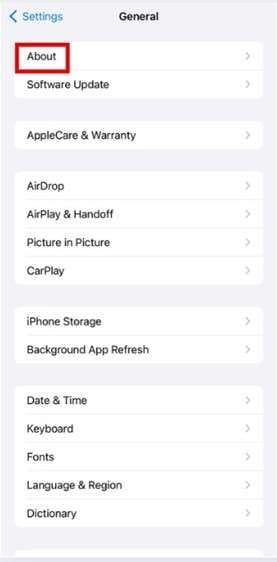 click on the about option