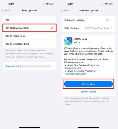 update to ios 26 developer beta