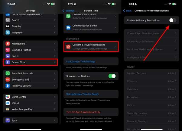 disable content and privacy restrictions