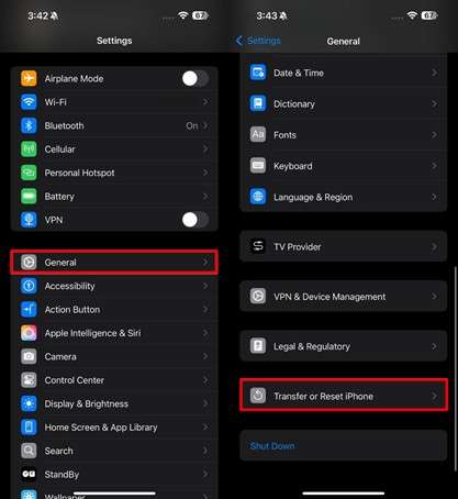 enter transfer or reset iphone