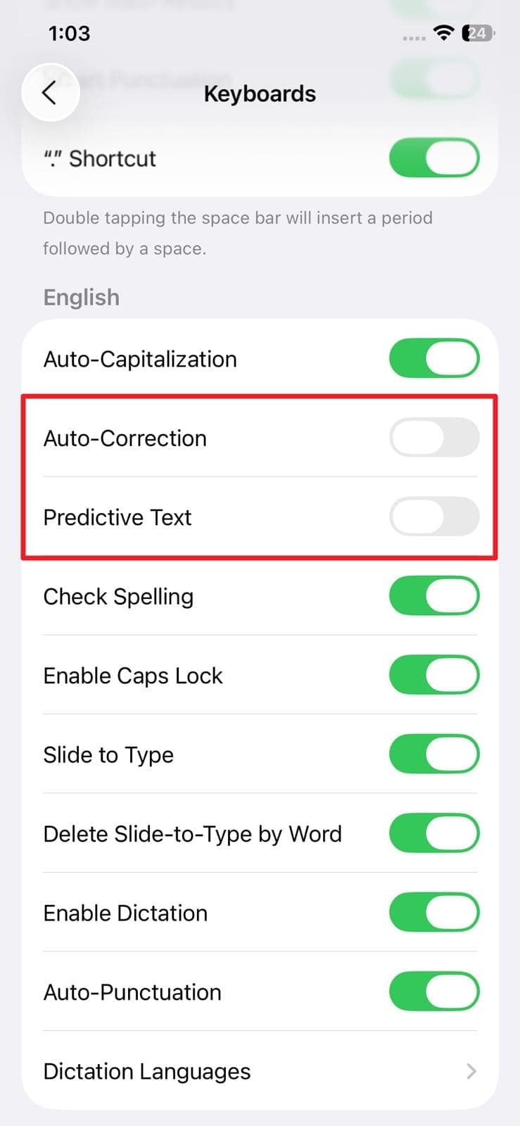 disable auto correction and predictive text