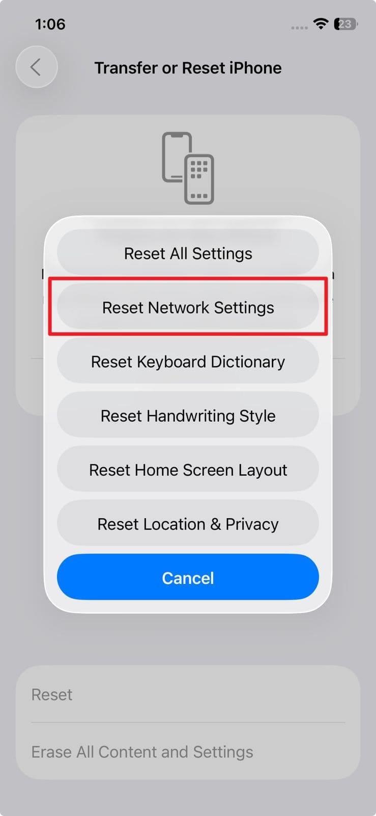 reset network settings ios26