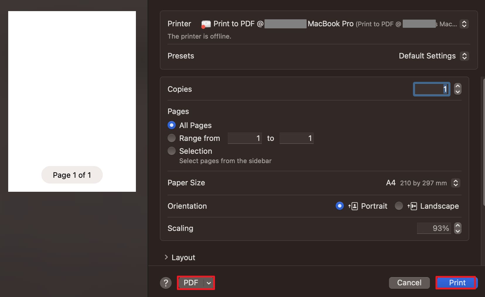 print after choosing pdf