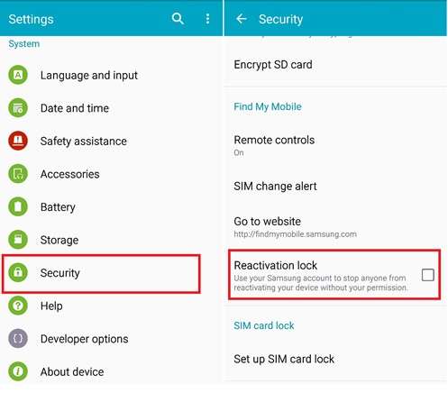 access reactivation lock under security settings