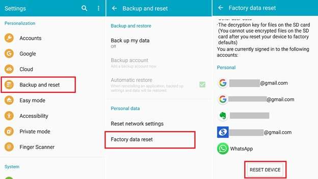 factory reset device in settings