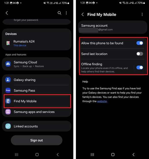turn off find my mobile features