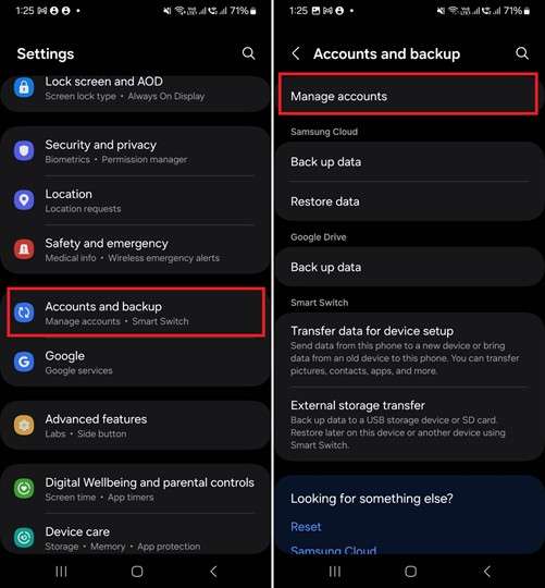 select manage accounts under accounts and backup