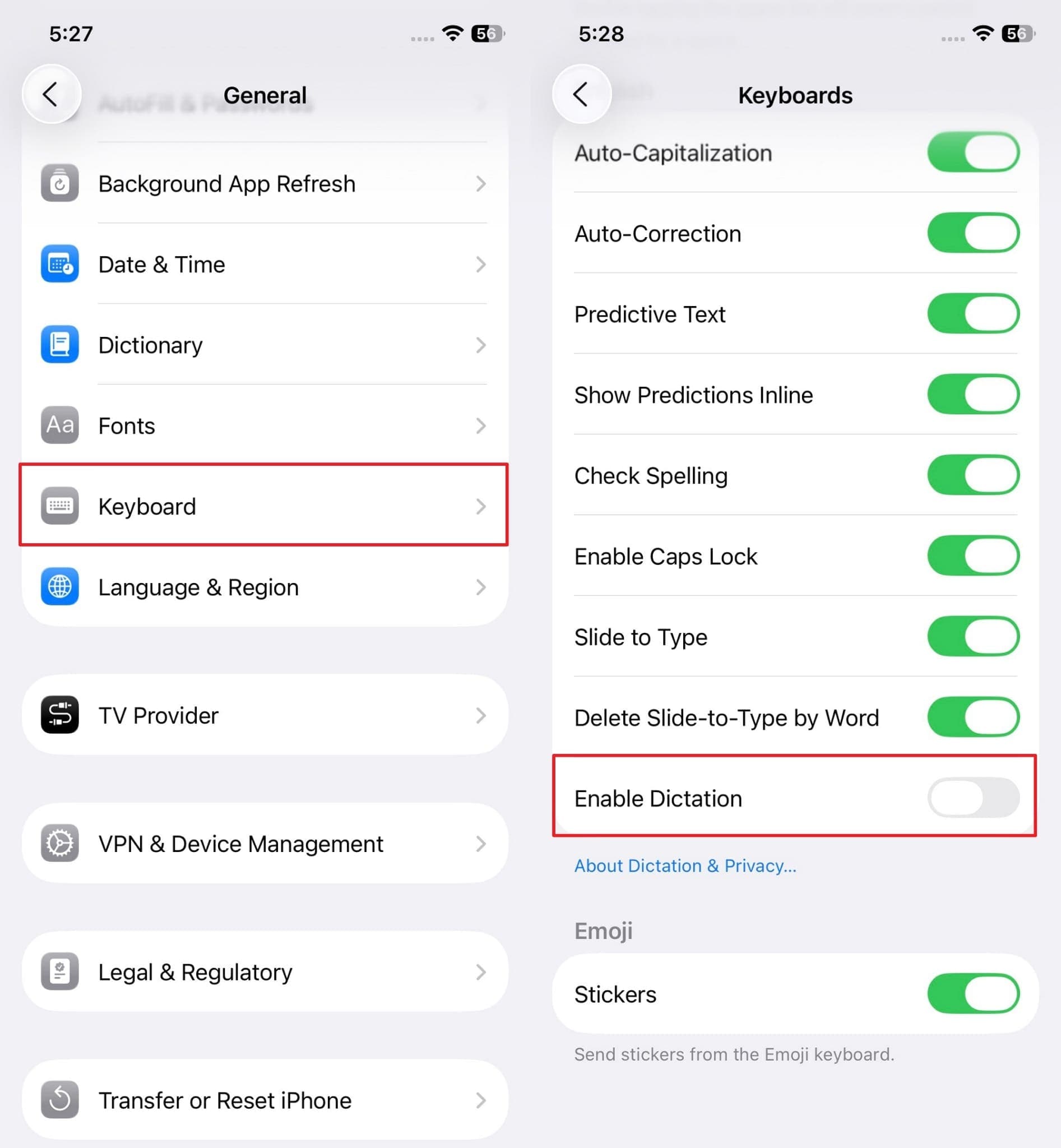 enable and disable keyboard dictation