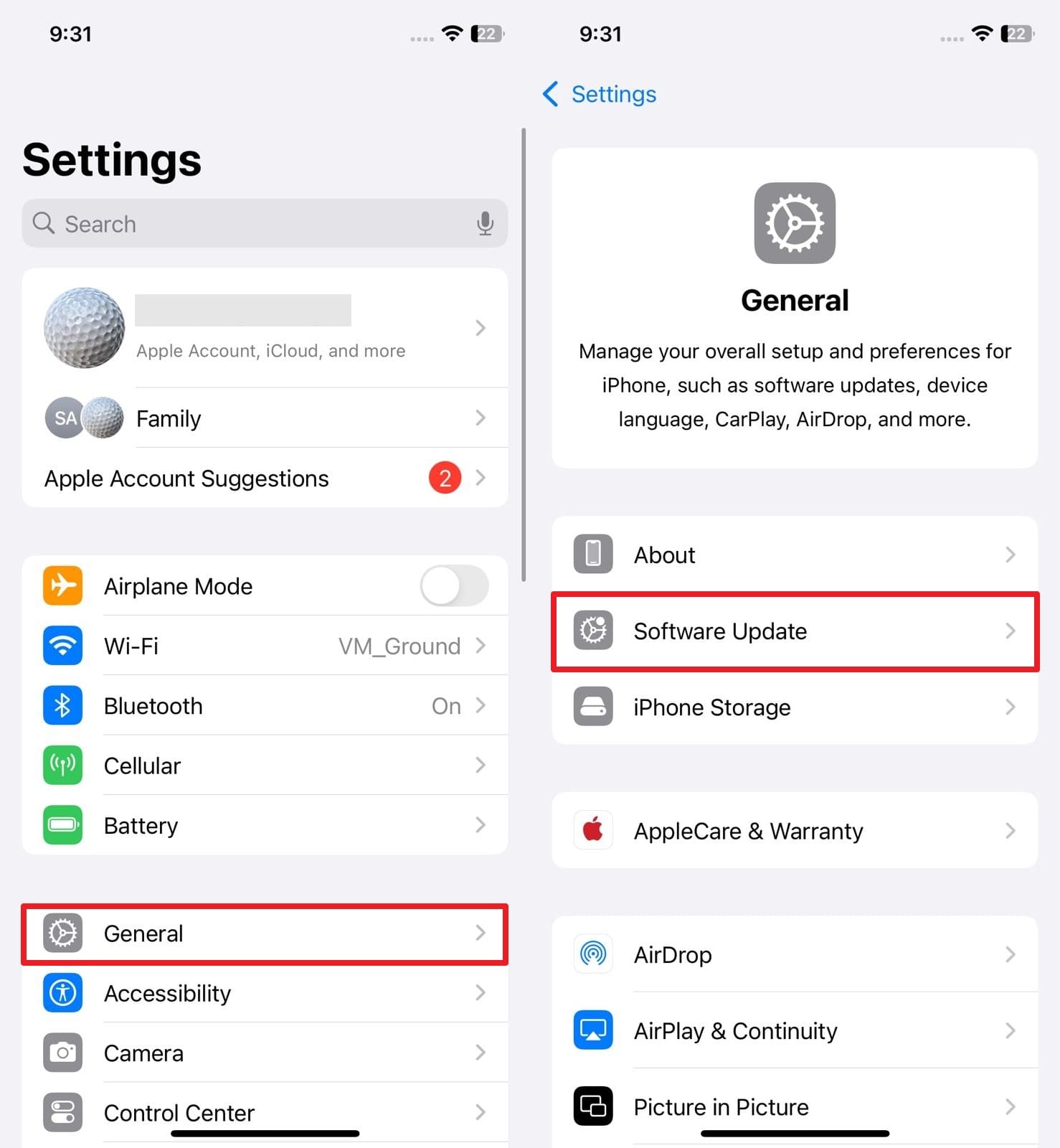start software update from general settings
