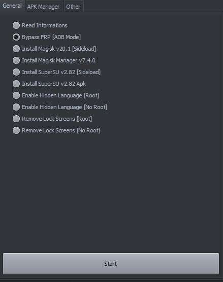 choose the bypass frp [adb mode] option