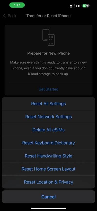 select reset all settings