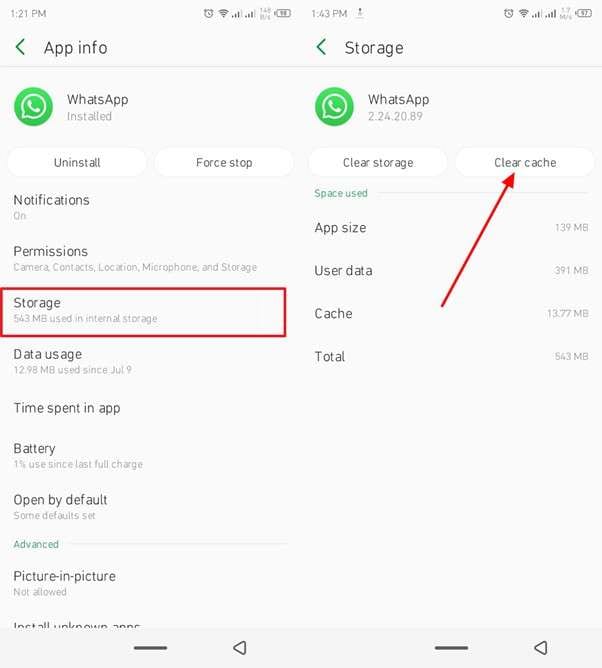 clear whatsapp cache