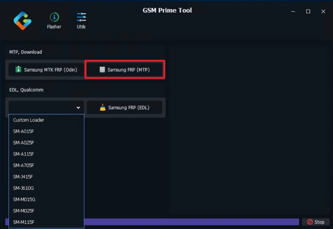click samsung frp mtp on tool 