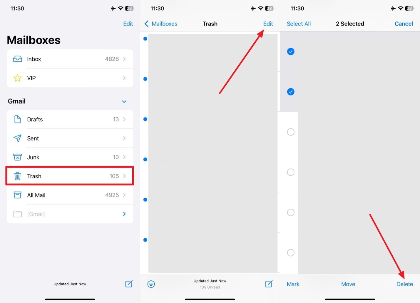 empty trash of mail app