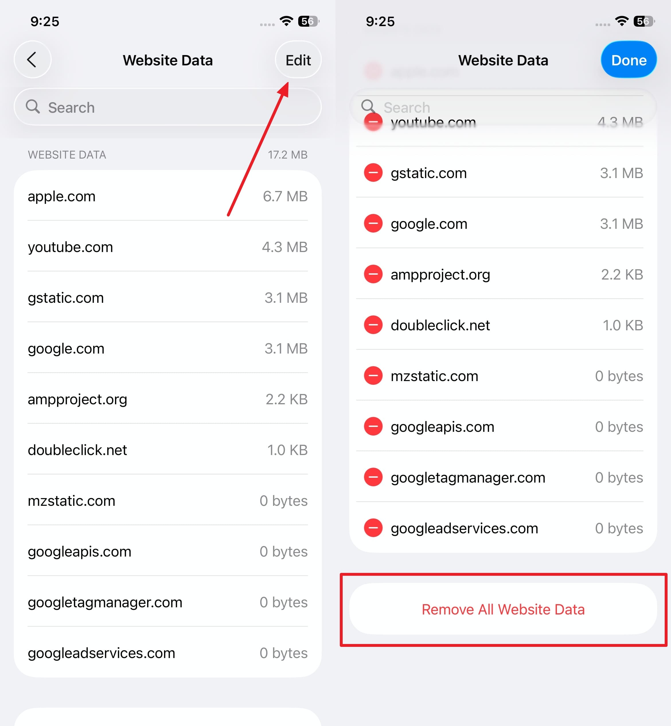 edit and remove all website data 