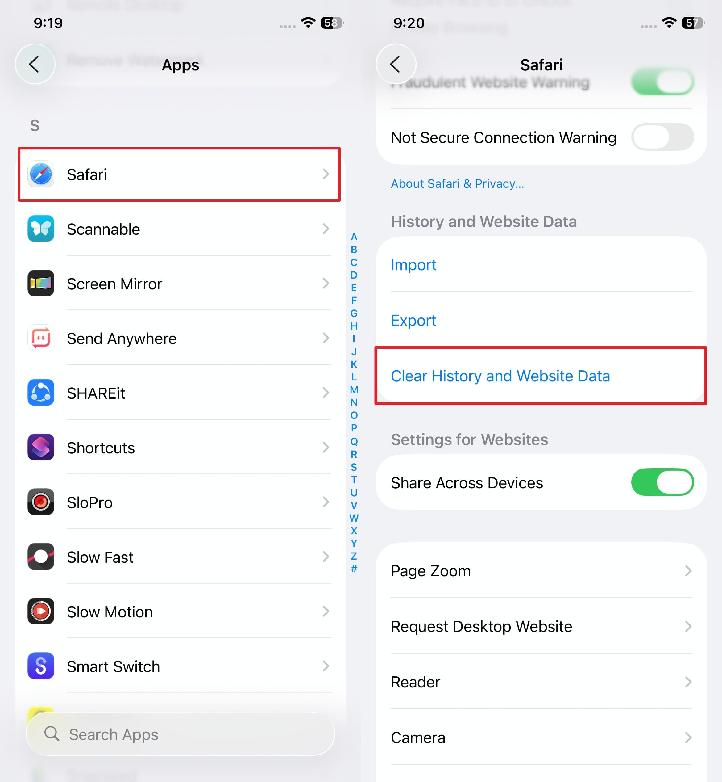 clear history and website data