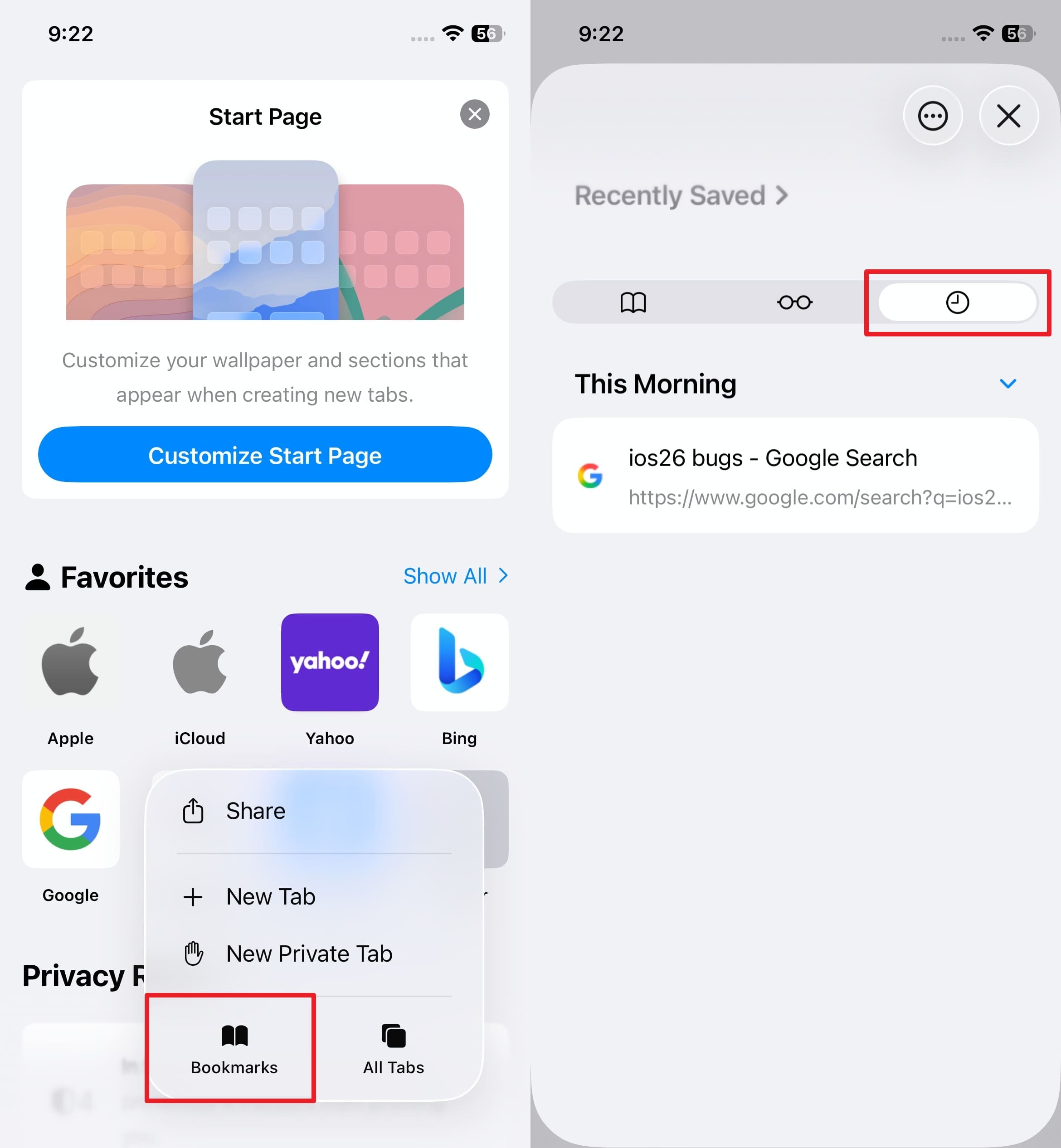 locate bookmark and timer icon 