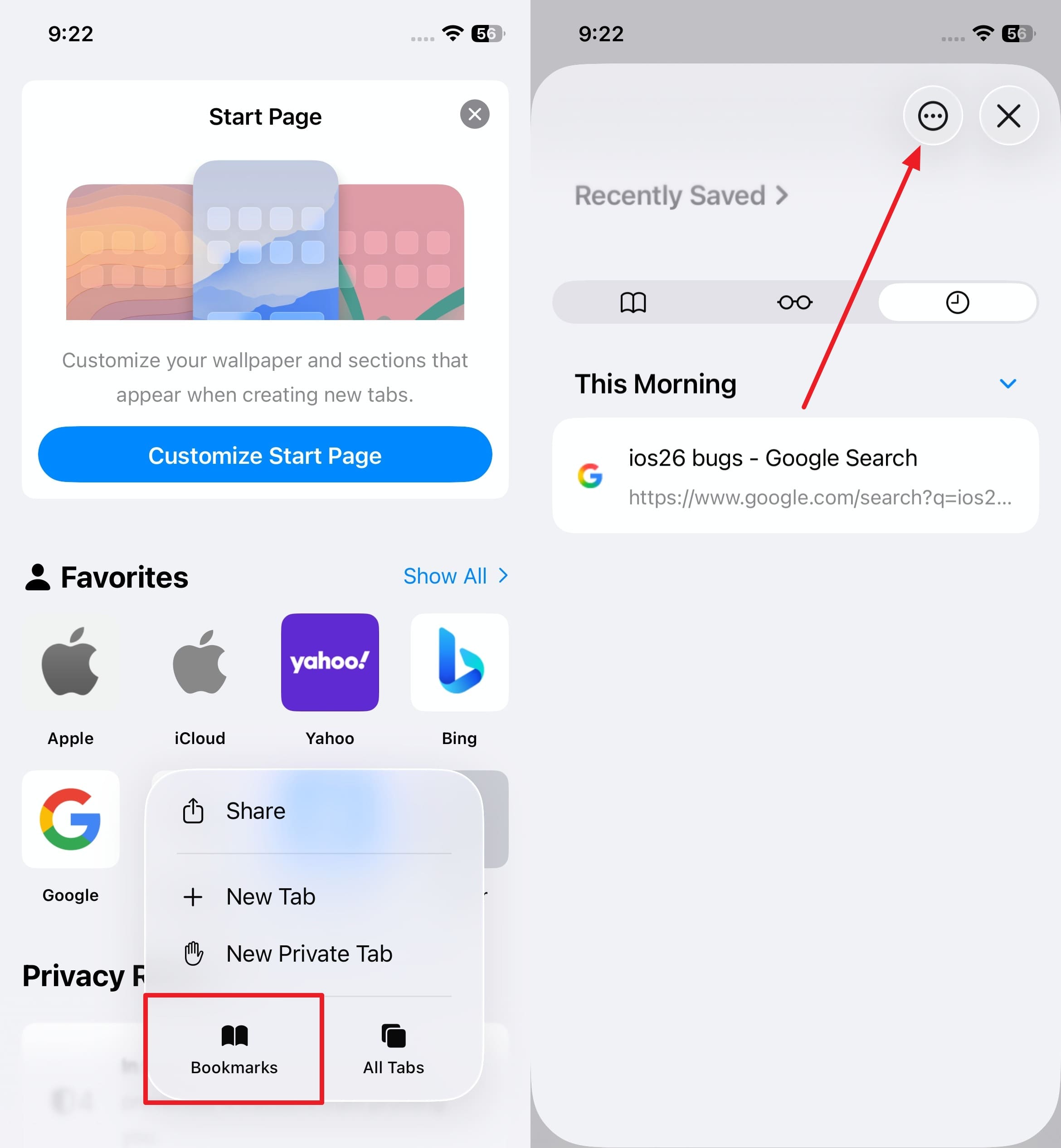 access three dots over bookmark settings 