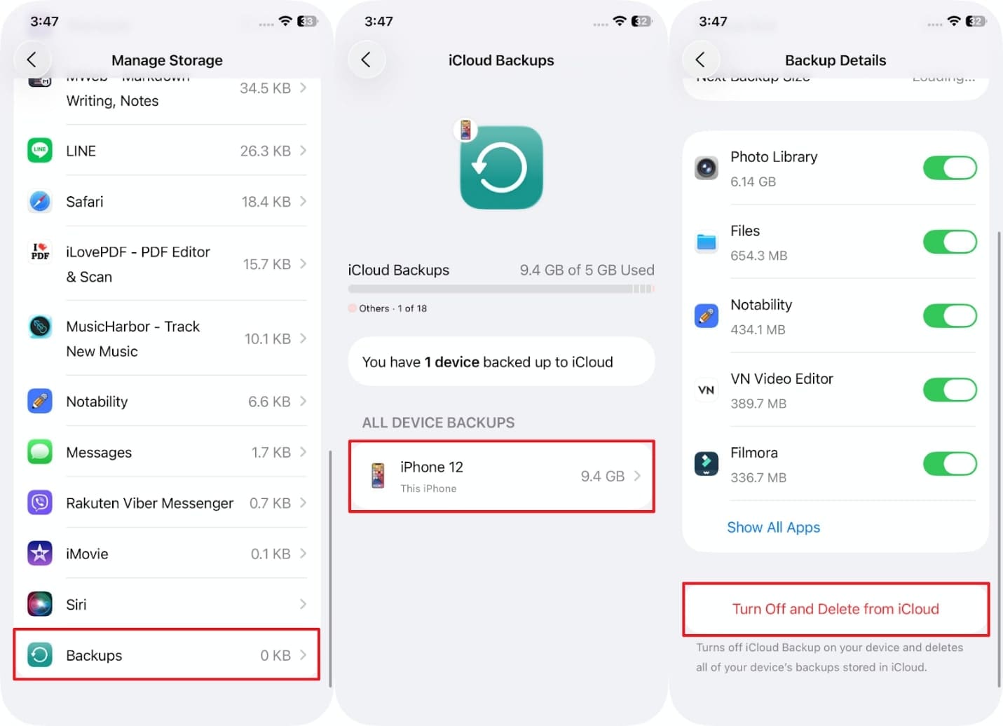 delete and turn off icloud backup