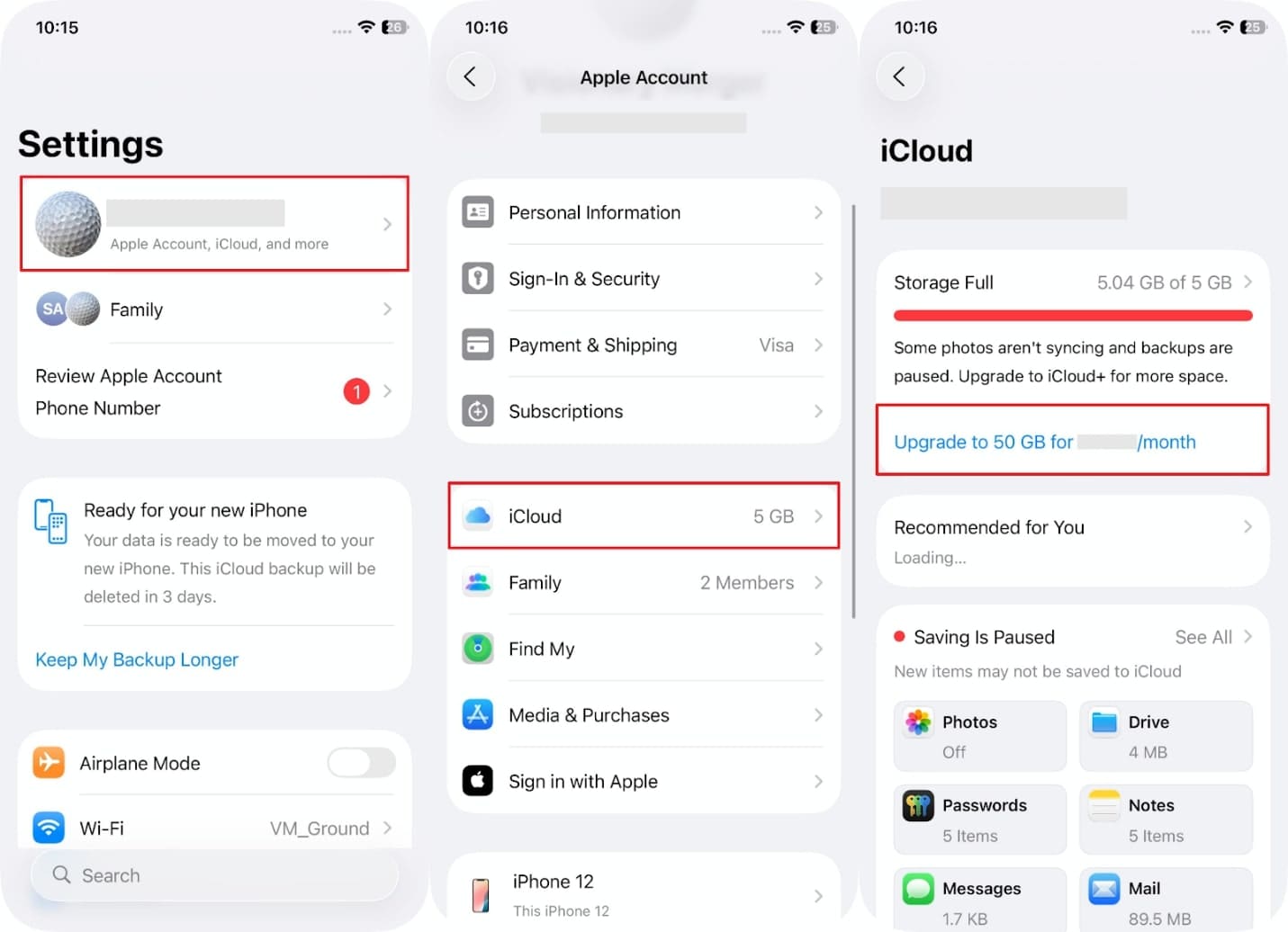 upgrade icloud plan from settings