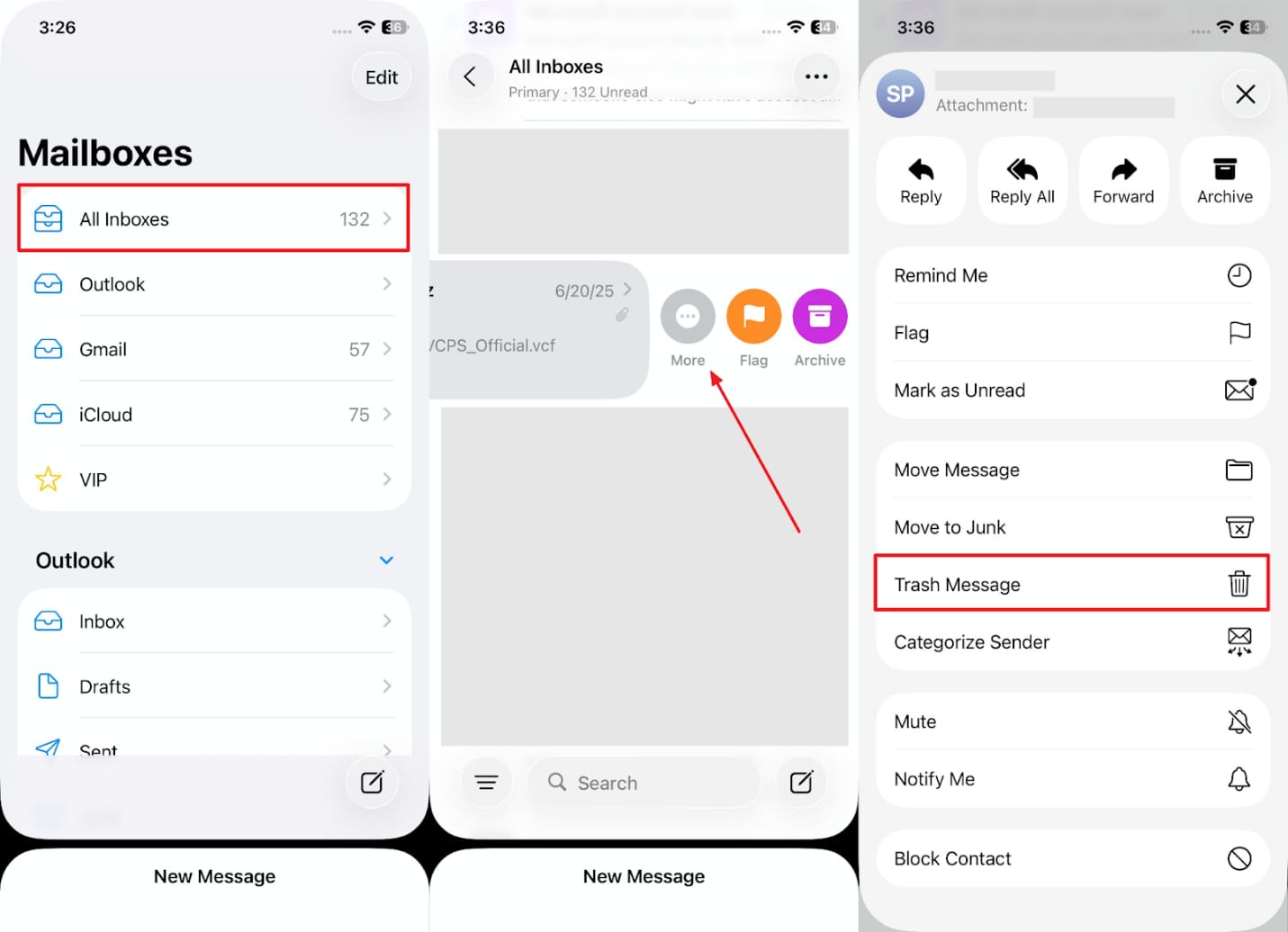 trash messages from mail app