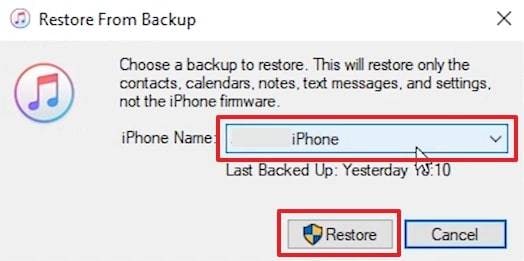 choose backup and click restore