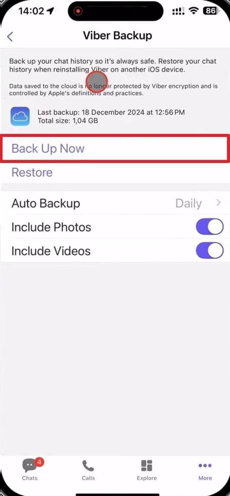 select backup now manually viber