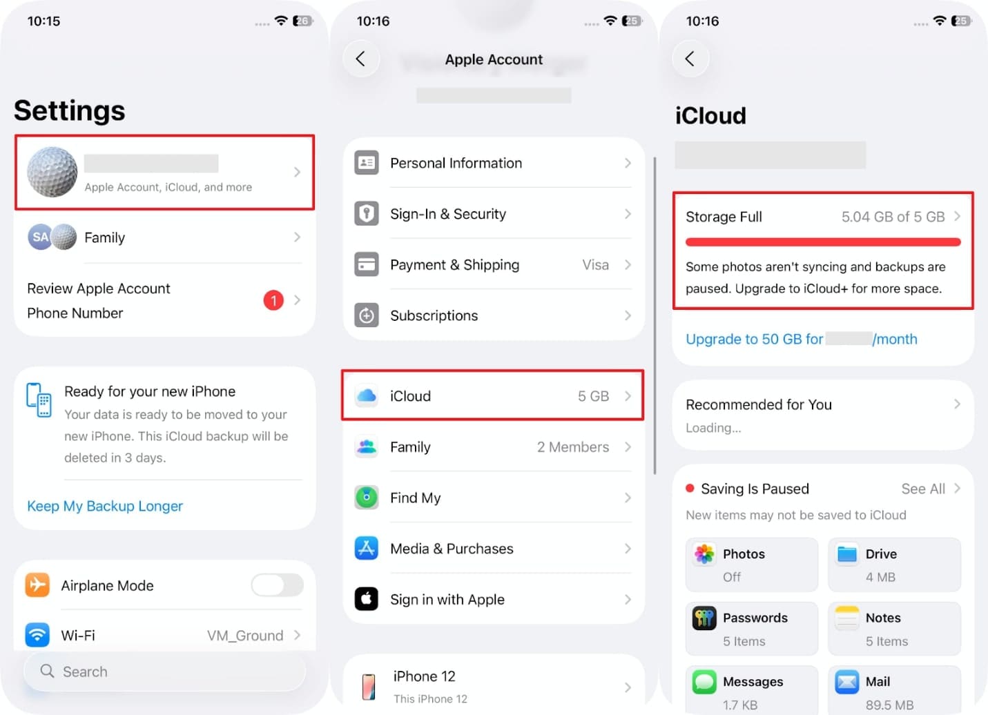 locate icloud storage settings