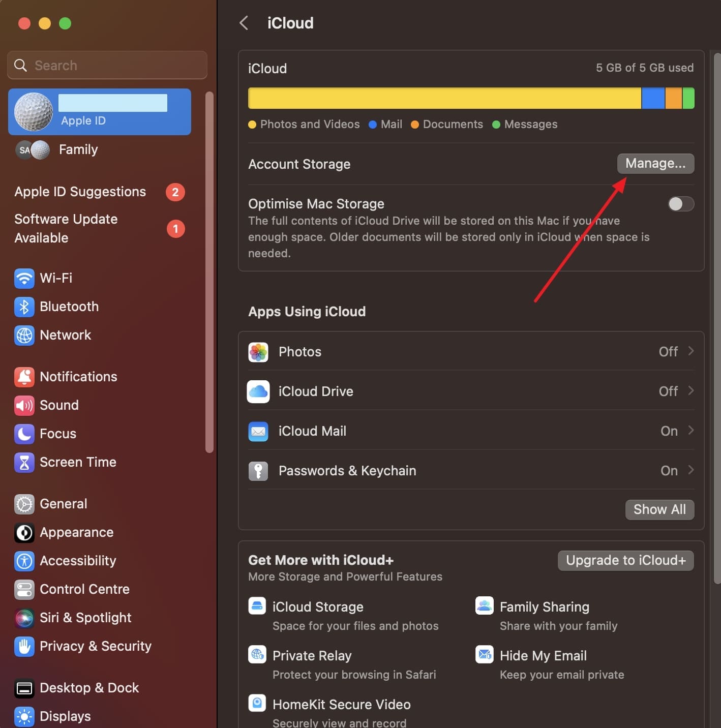 click manage button icloud