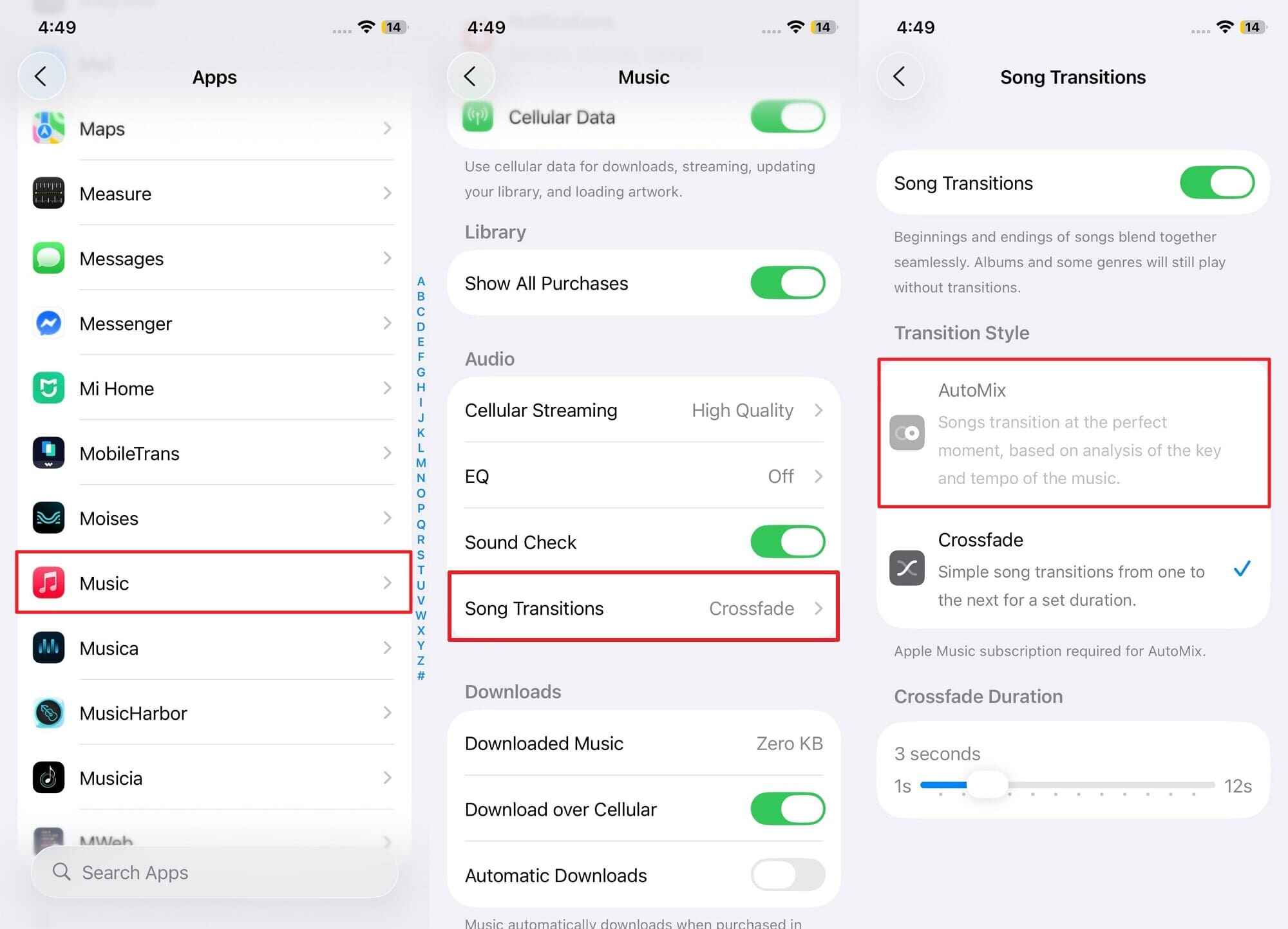 enable automix from song transition 