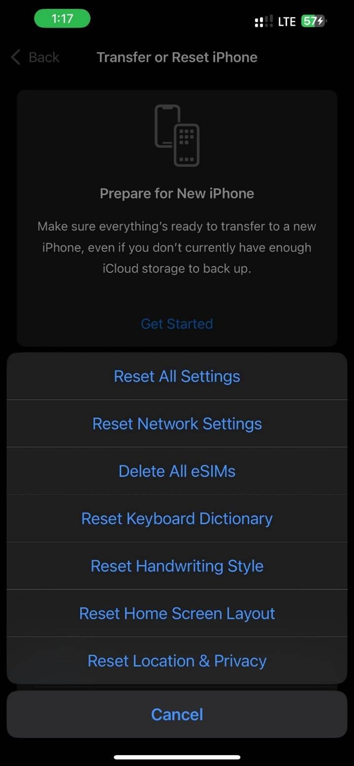 reset all settings
