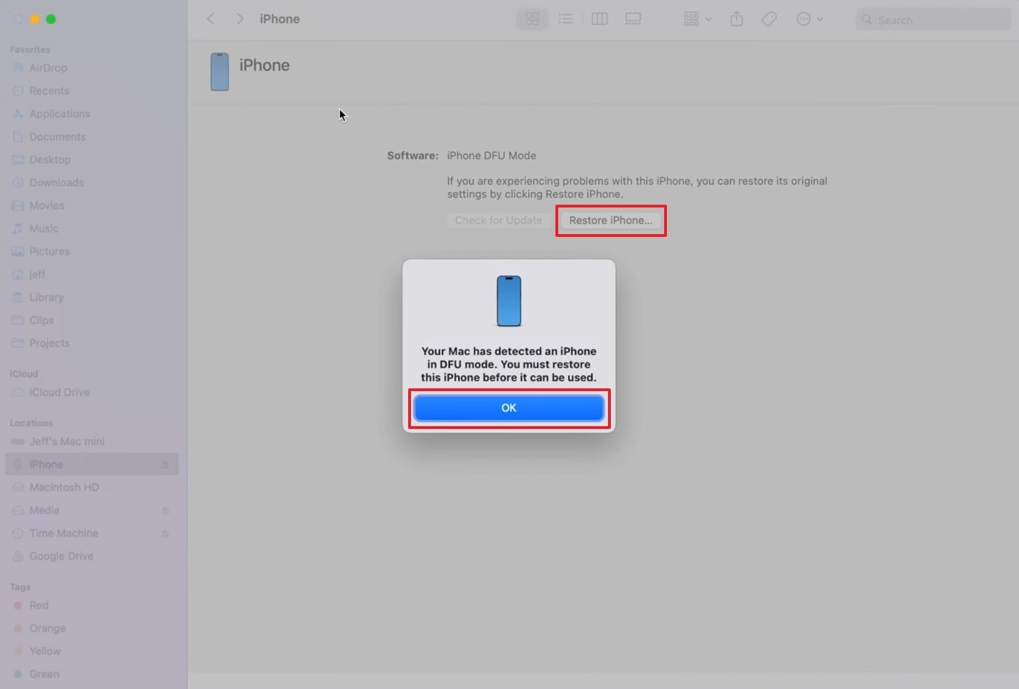restore phone using finder