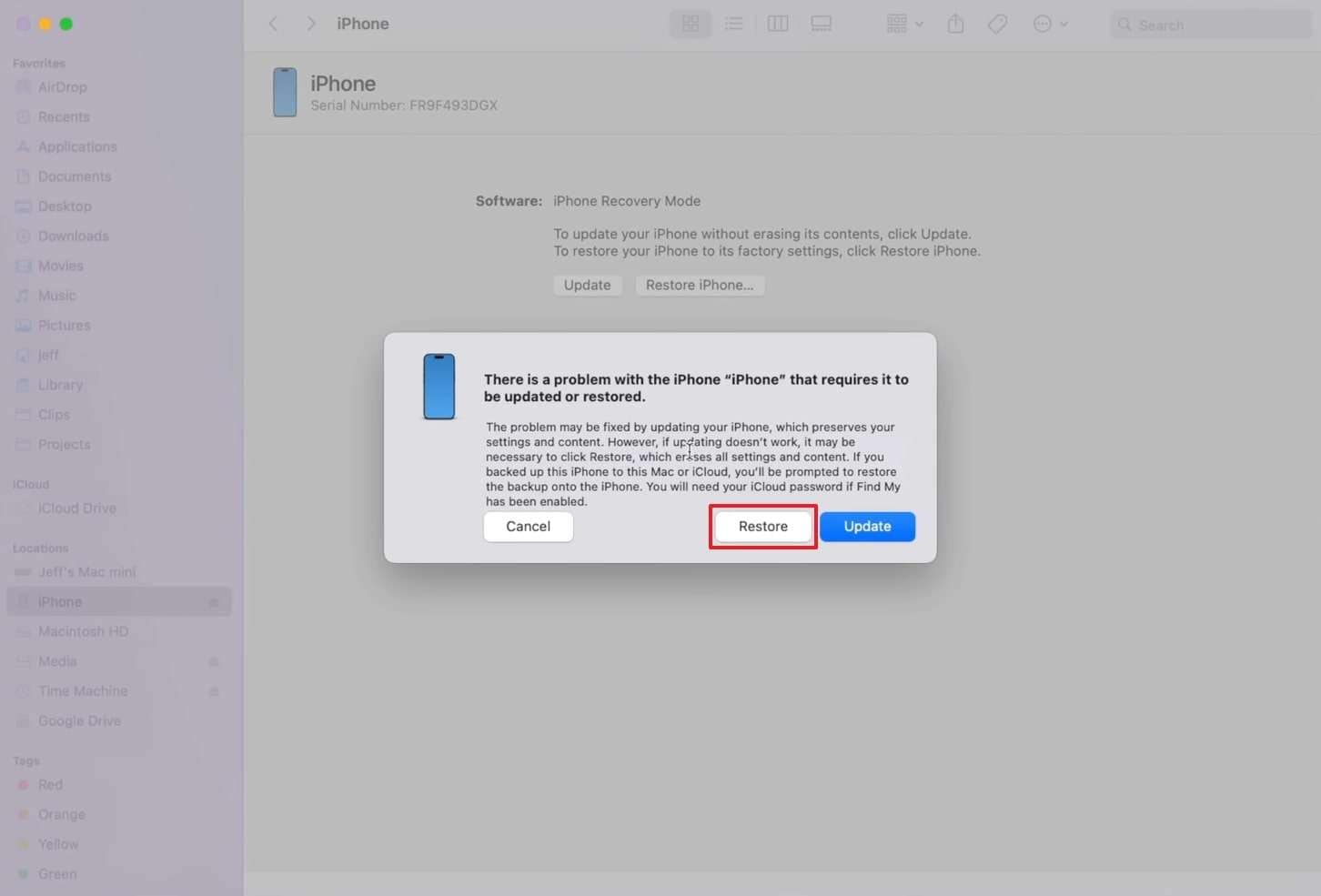 click restore on finder