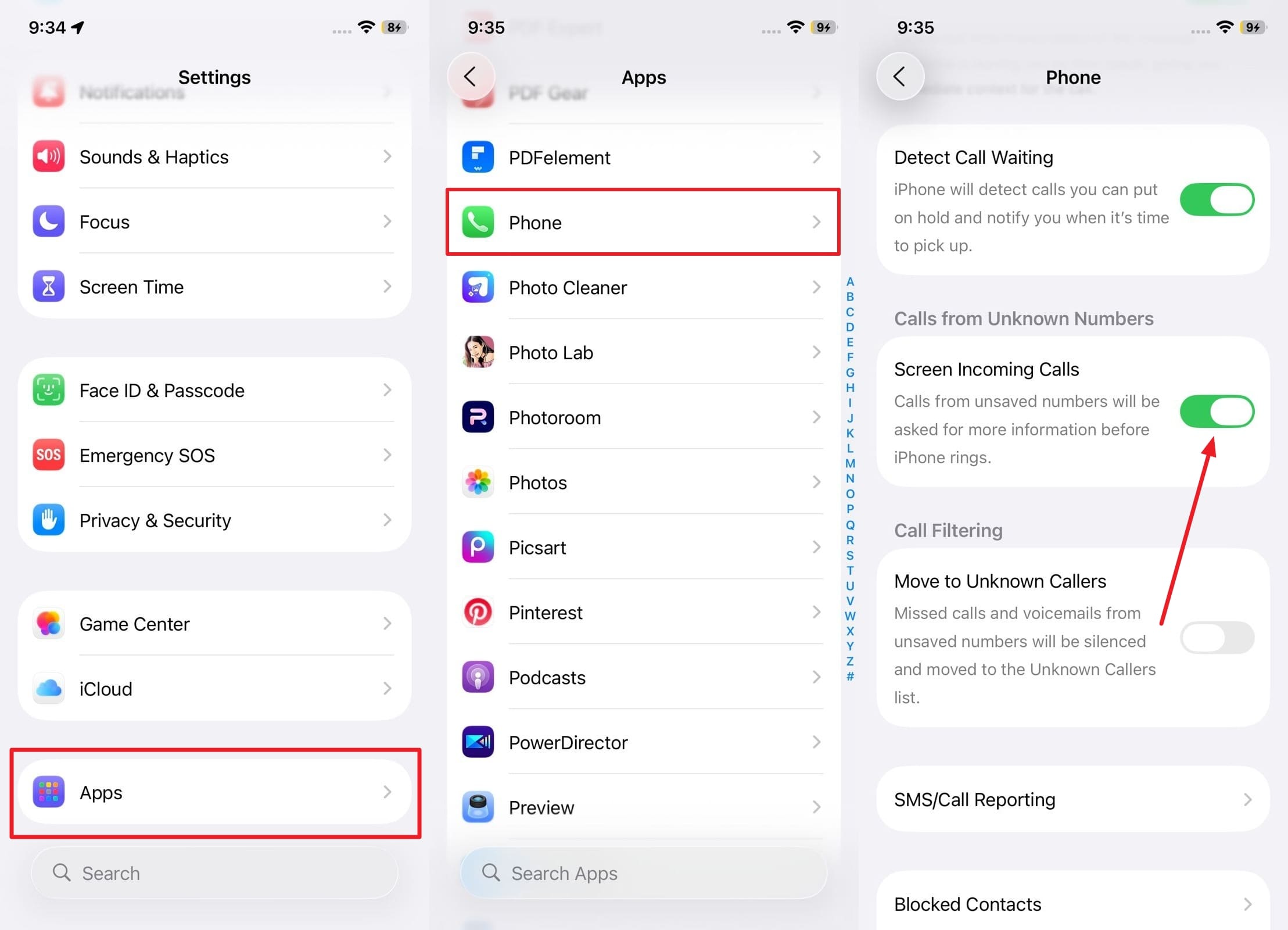 enable screen incoming calls feature 