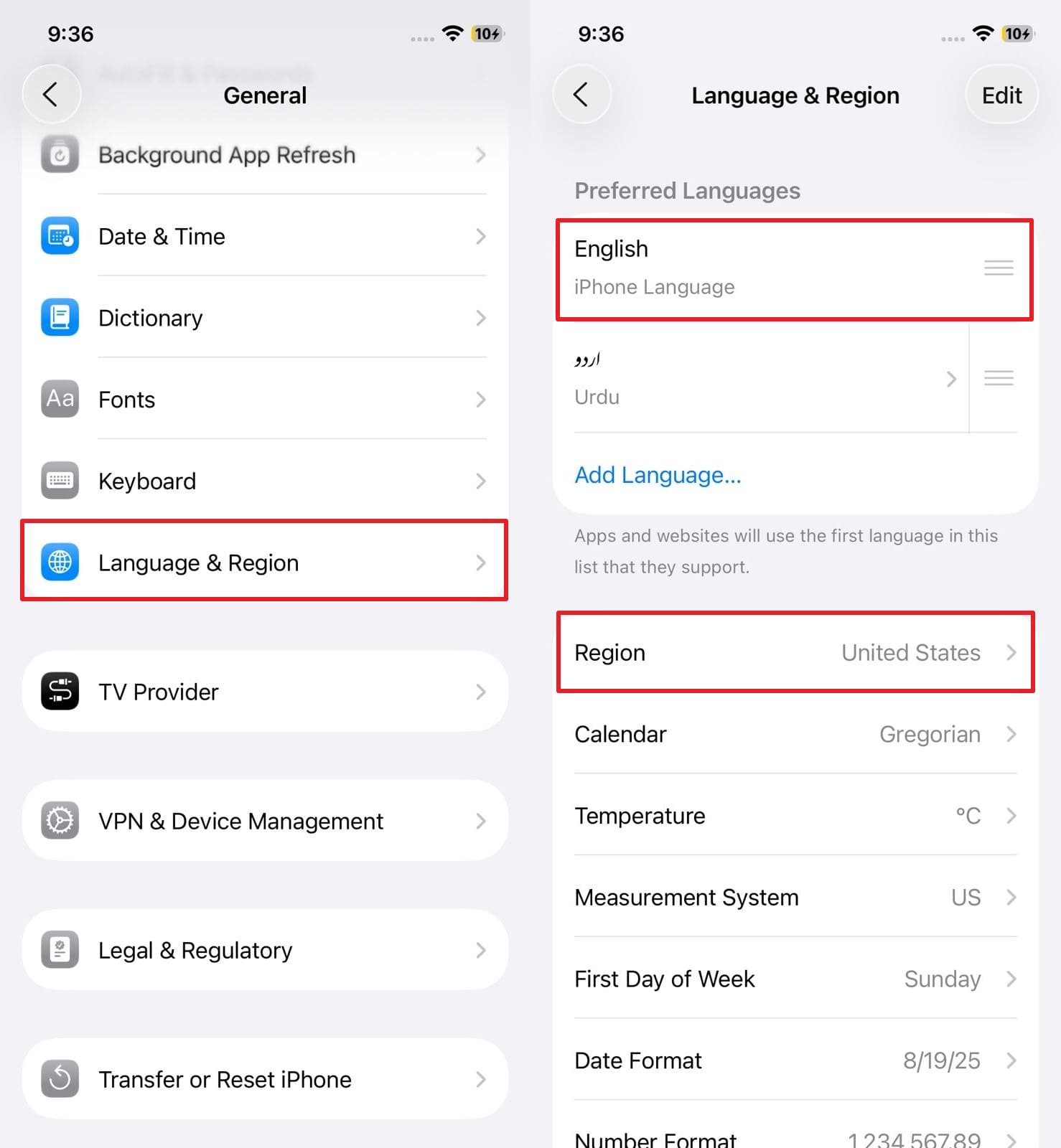confirm language and region 
