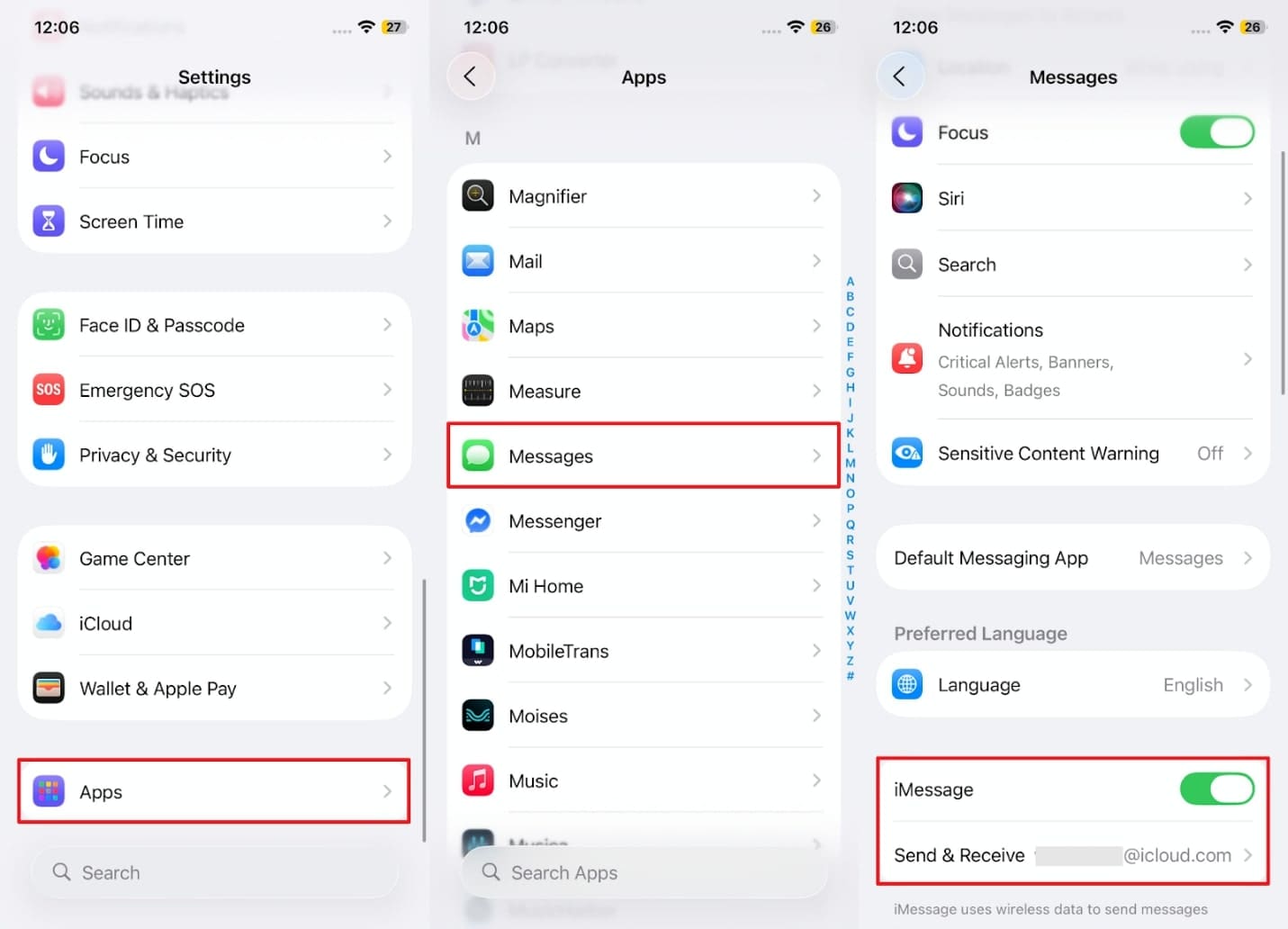 enable imessage from messages app settings 