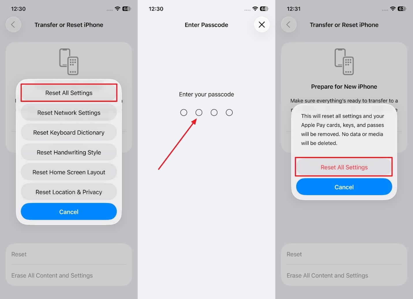 reset all settings after inputting passcode