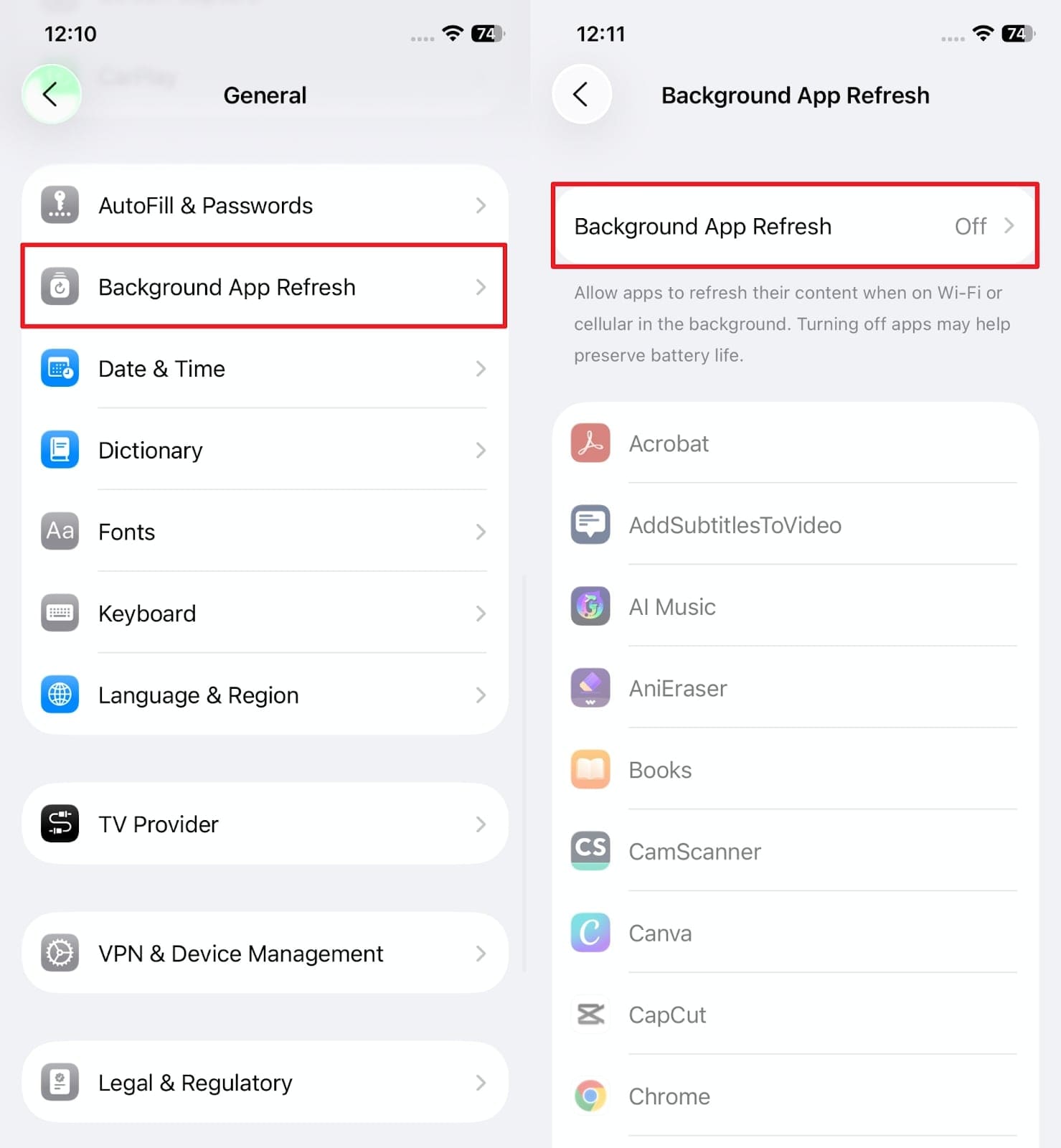 turn off background app refresh
