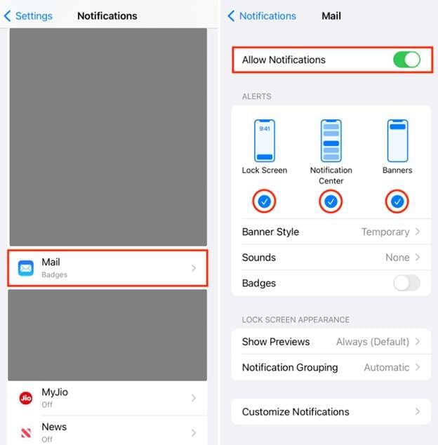 allow mail notifications on iphone