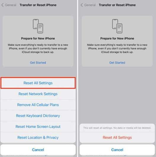 reset all settings of iphone