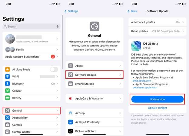 update now in software update
