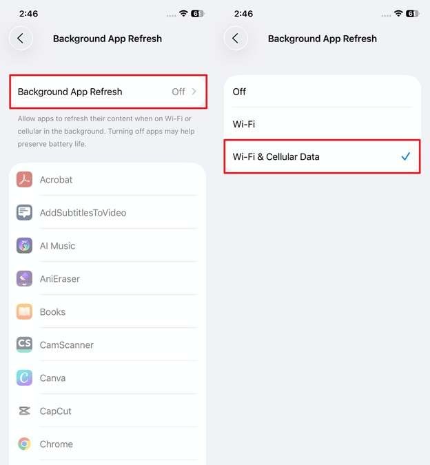 turn on the background app refresh